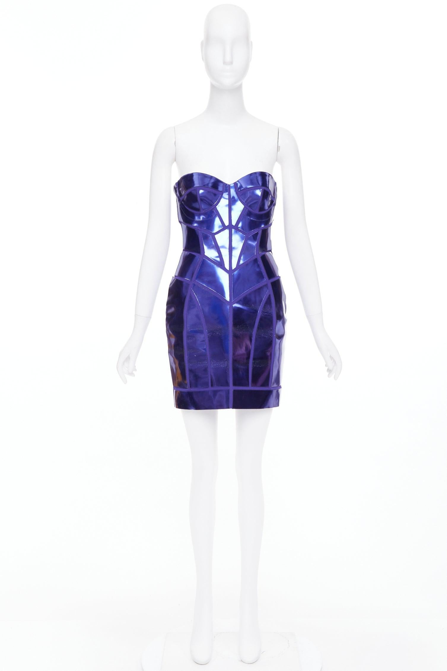 VERSACE 2010 Abito a corsetto in pelle di seta metallizzata blu-viola IT38 XS in vendita 5