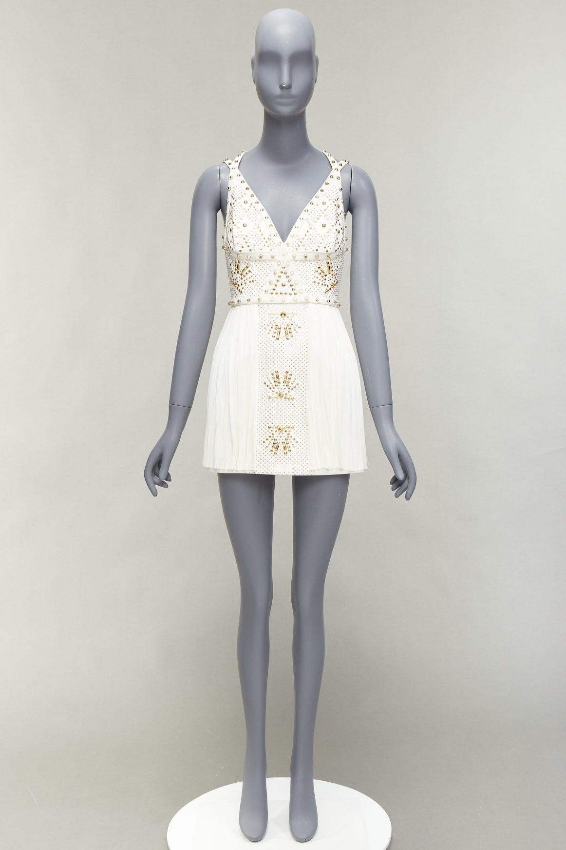 VERSACE 2011 Runway white studded leather silk skirt mini dress IT38 XS For Sale 6