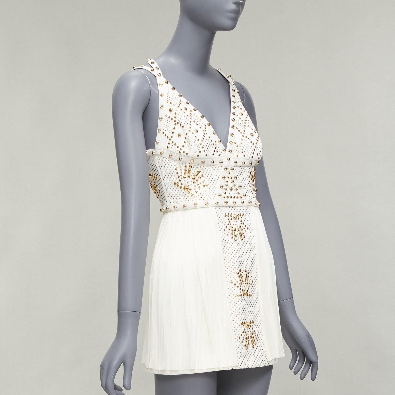 White VERSACE 2011 Runway white studded leather silk skirt mini dress IT38 XS For Sale