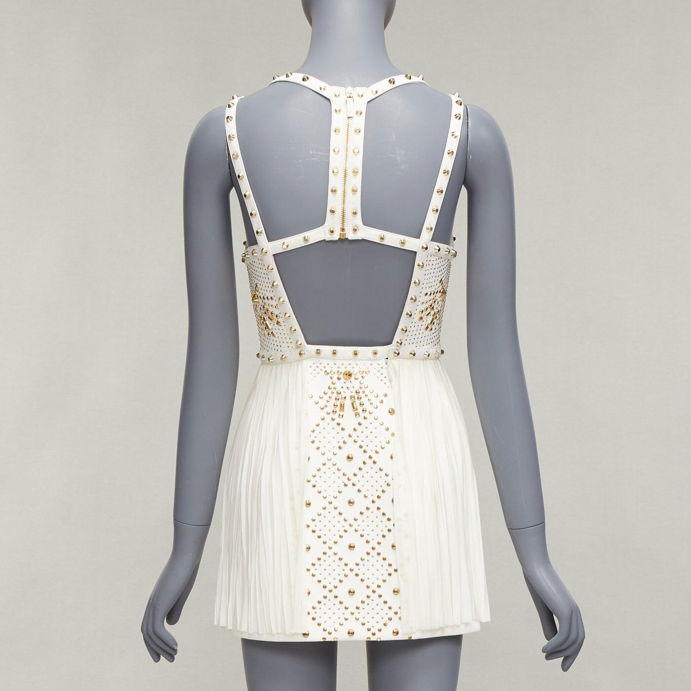 Women's VERSACE 2011 Runway white studded leather silk skirt mini dress IT38 XS For Sale