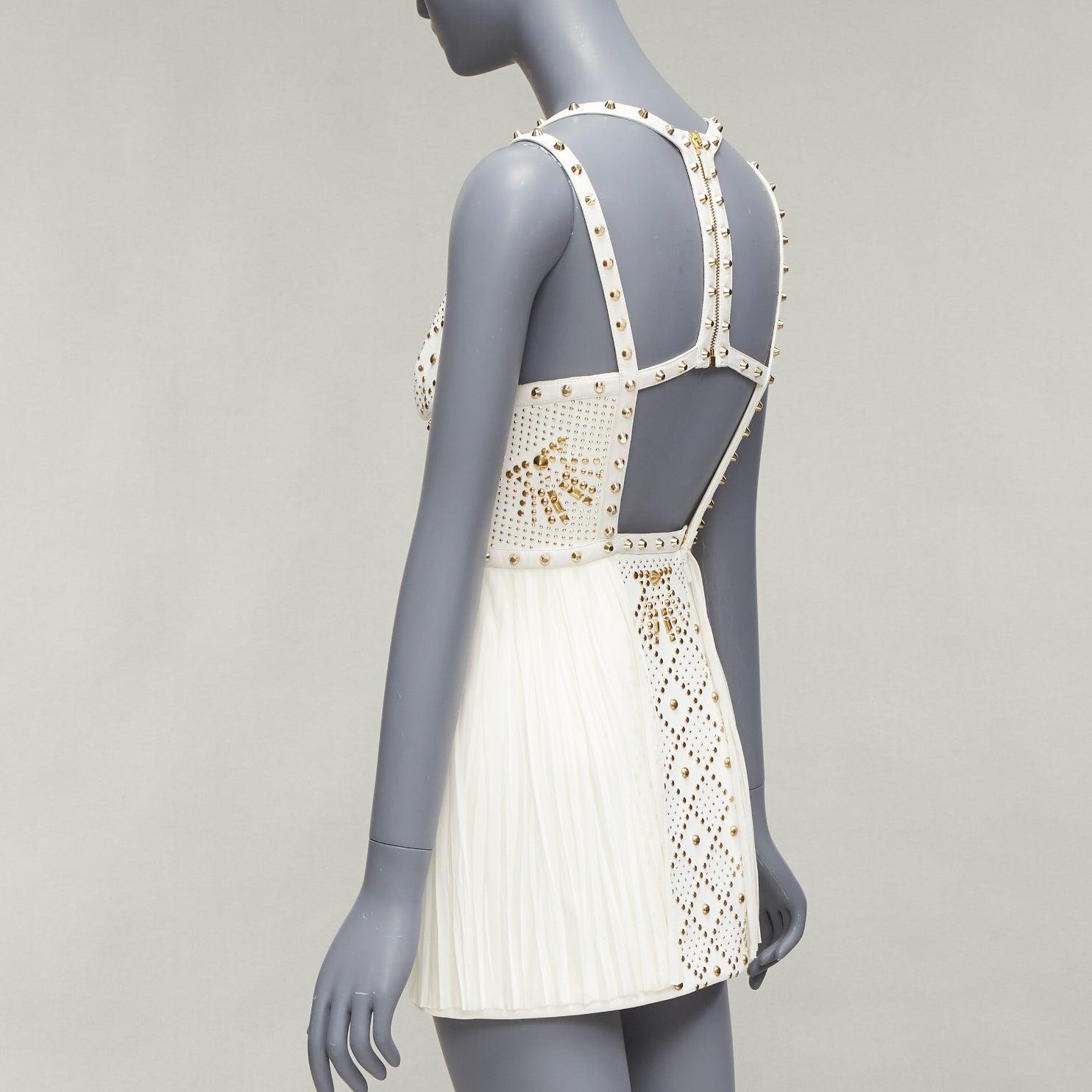 VERSACE 2011 Runway white studded leather silk skirt mini dress IT38 XS For Sale 1