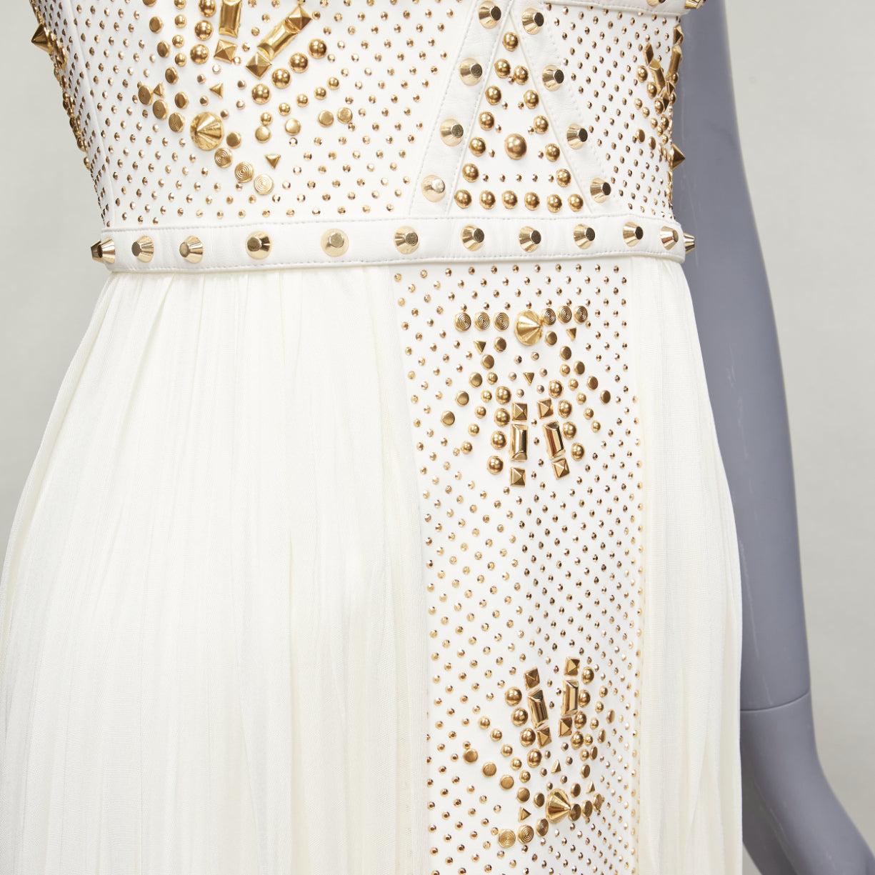 VERSACE 2011 Runway white studded leather silk skirt mini dress IT38 XS For Sale 2