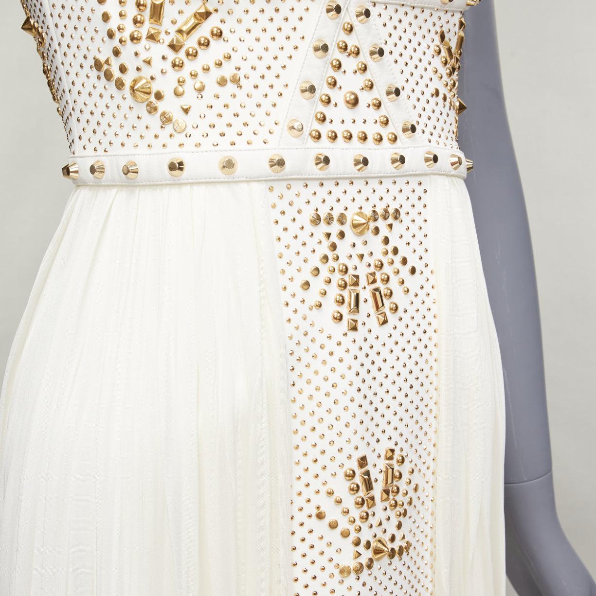 VERSACE 2011 Runway white studded leather silk skirt mini dress IT38 XS For Sale 3