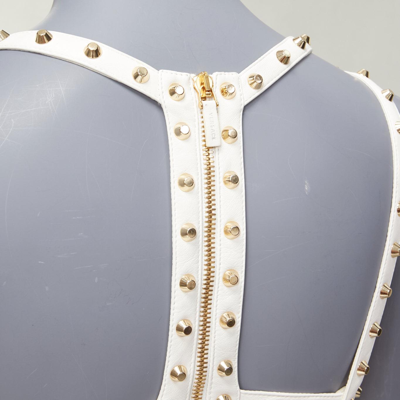 VERSACE 2011 Runway white studded leather silk skirt mini dress IT38 XS For Sale 3