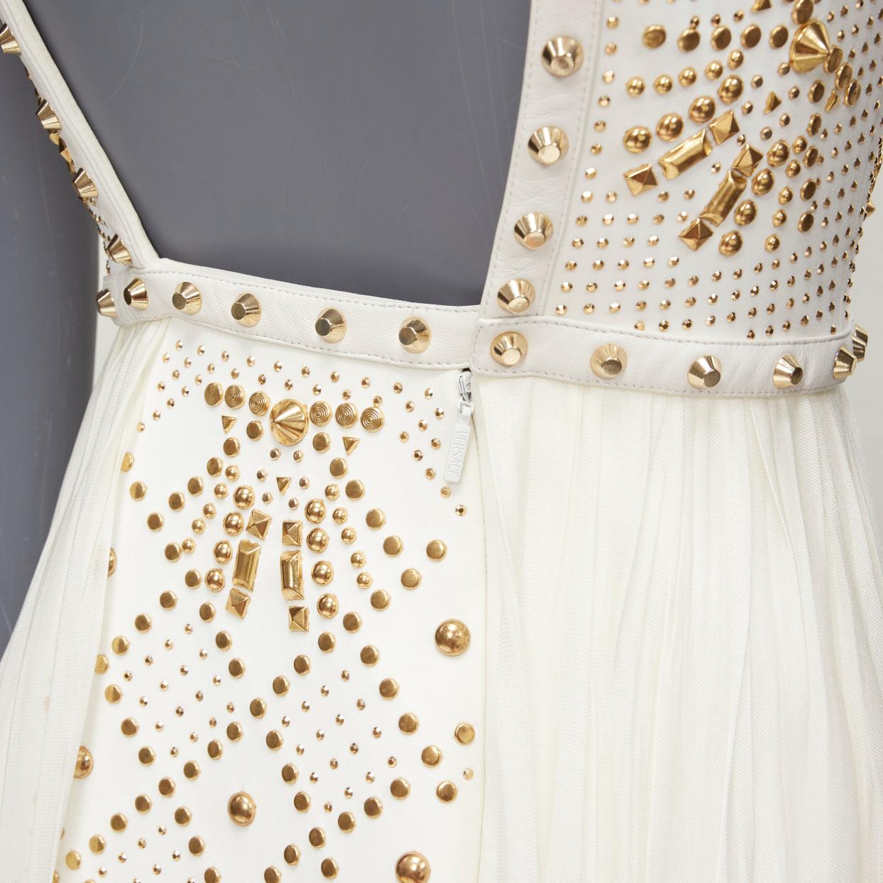 VERSACE 2011 Runway white studded leather silk skirt mini dress IT38 XS For Sale 4