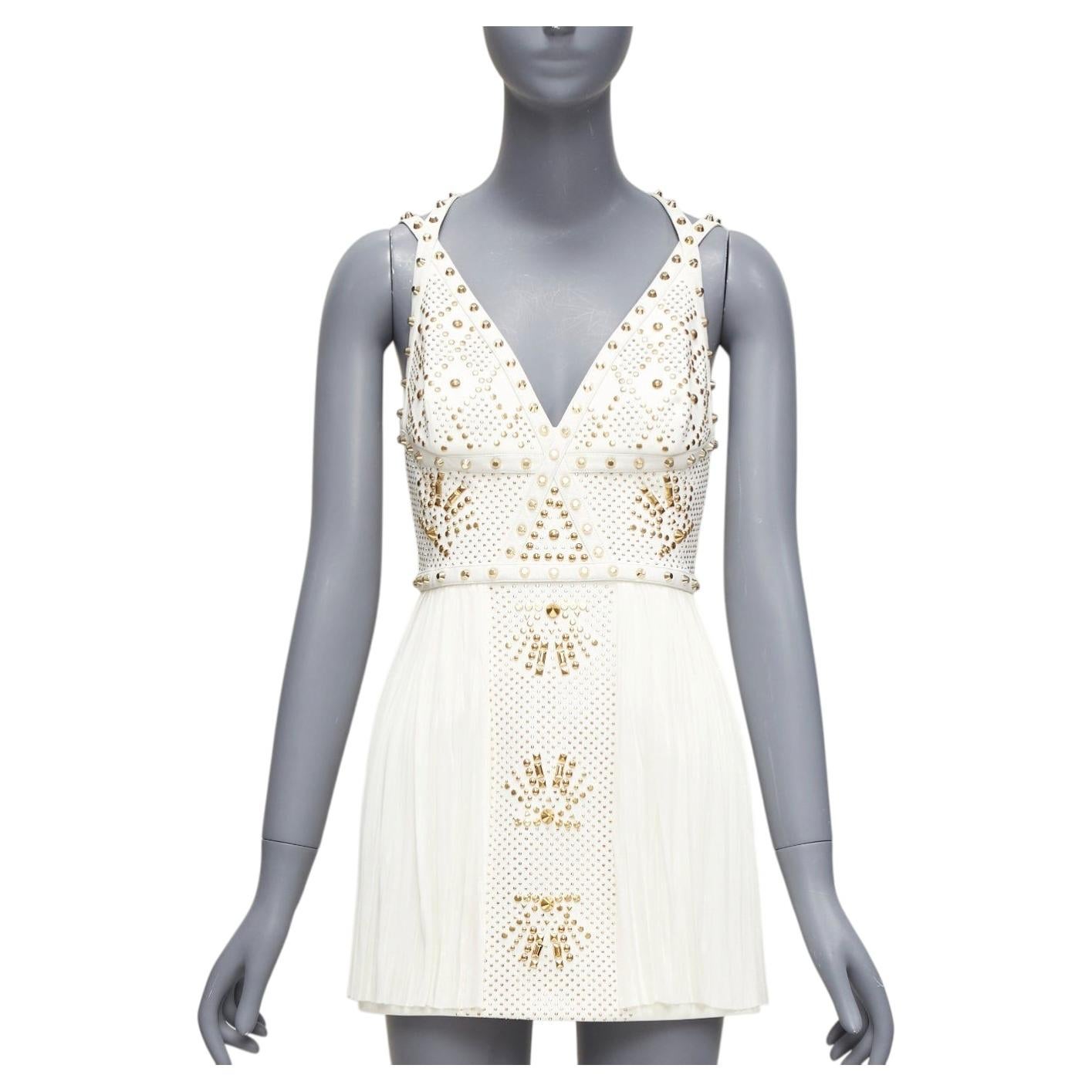 VERSACE 2011 Runway white studded leather silk skirt mini dress IT38 XS