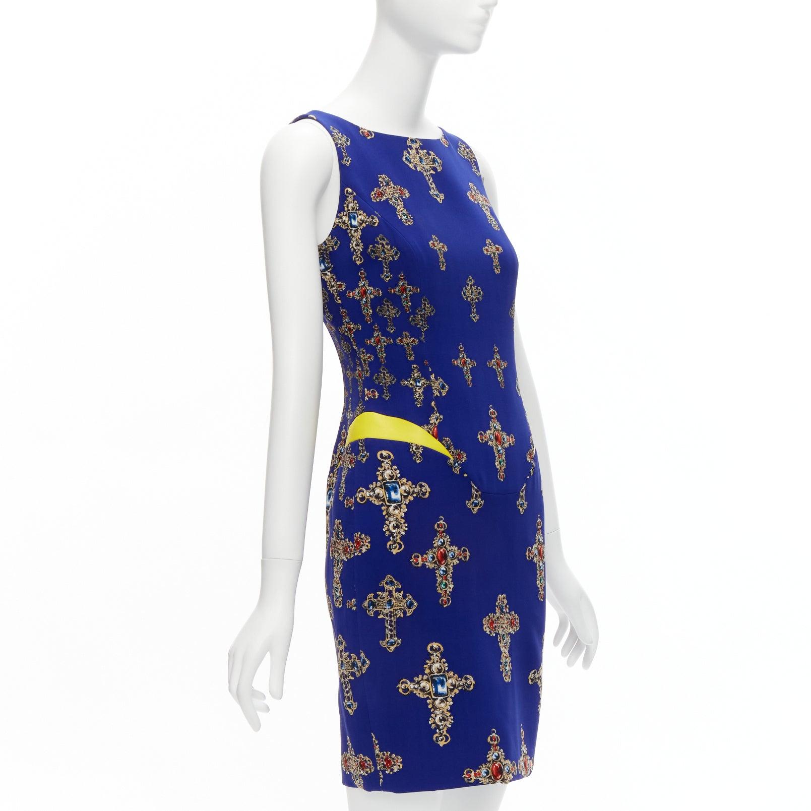 Purple VERSACE 2012 royal blue Byzantine Cross print yellow leather waist shift dress
