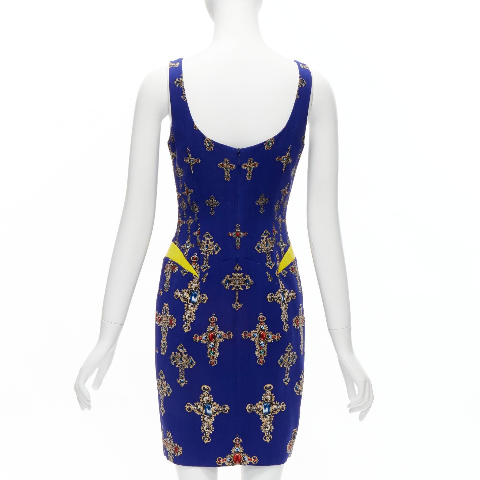 VERSACE 2012 royal blue Byzantine Cross print yellow leather waist shift dress For Sale 1