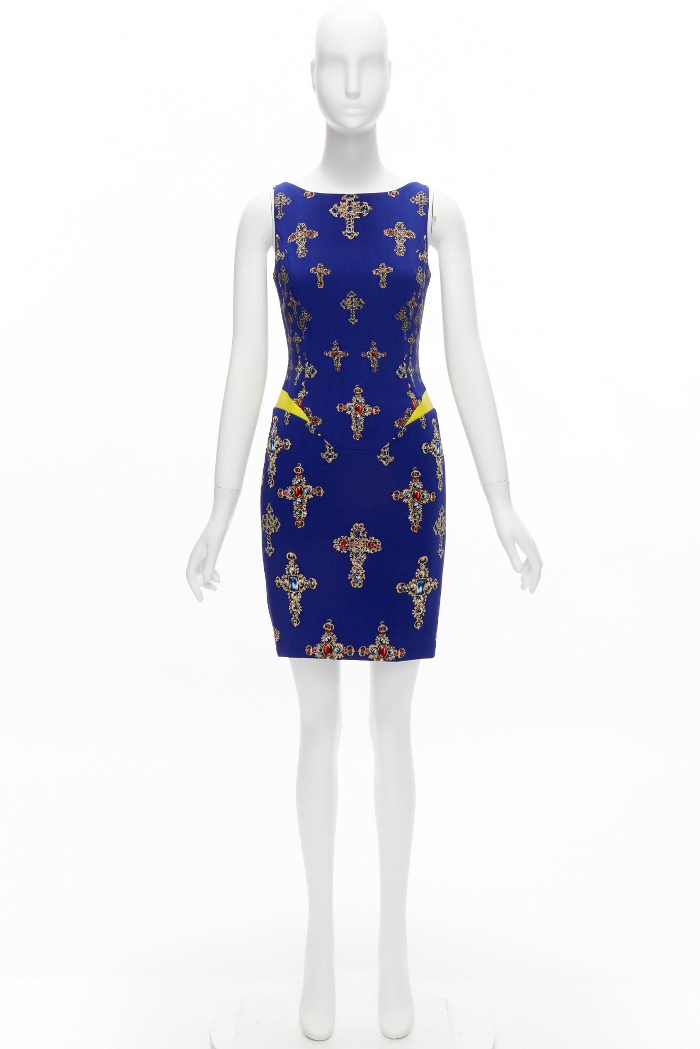 VERSACE 2012 royal blue Byzantine Cross print yellow leather waist shift dress 4