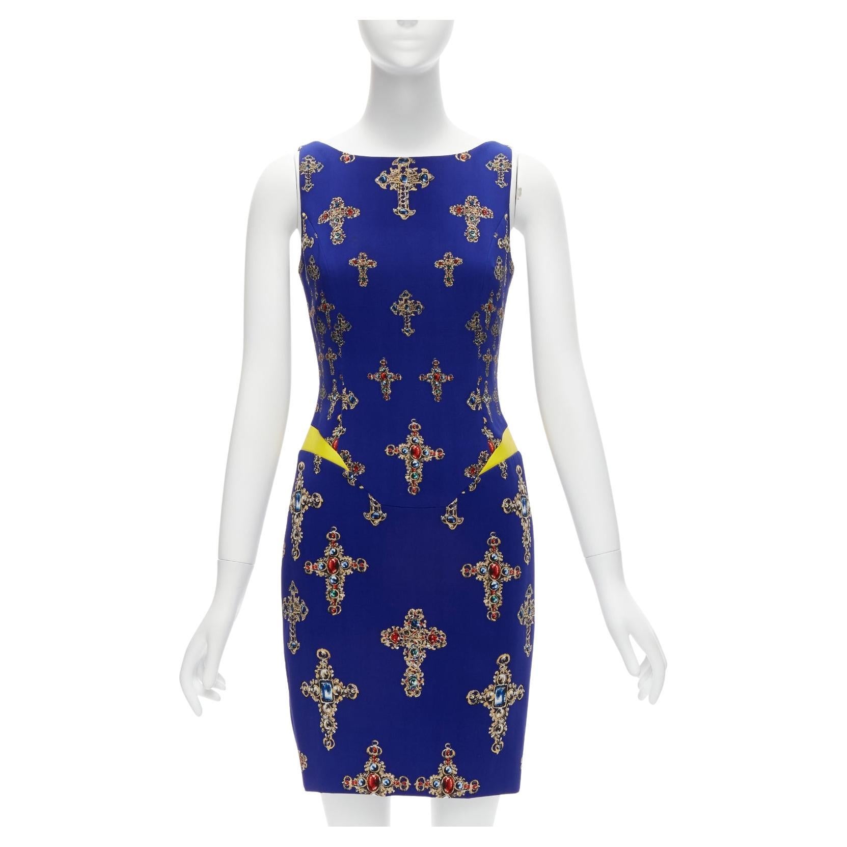 VERSACE 2012 royal blue Byzantine Cross print yellow leather waist shift dress For Sale