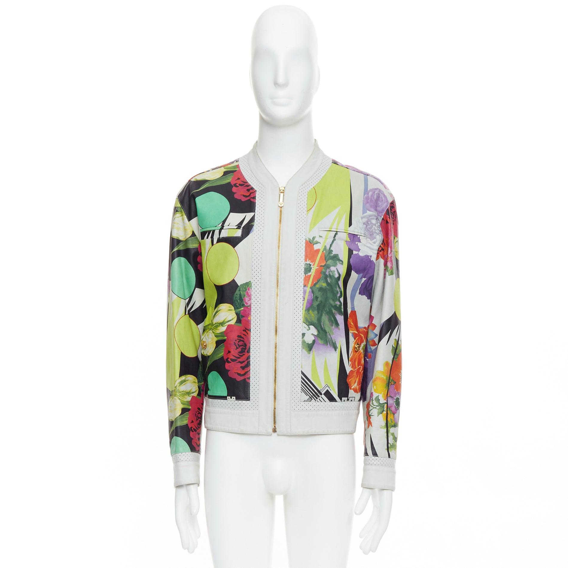 VERSACE 2013 Runway white leather geometric tropical print bomber IT50 L For Sale 5