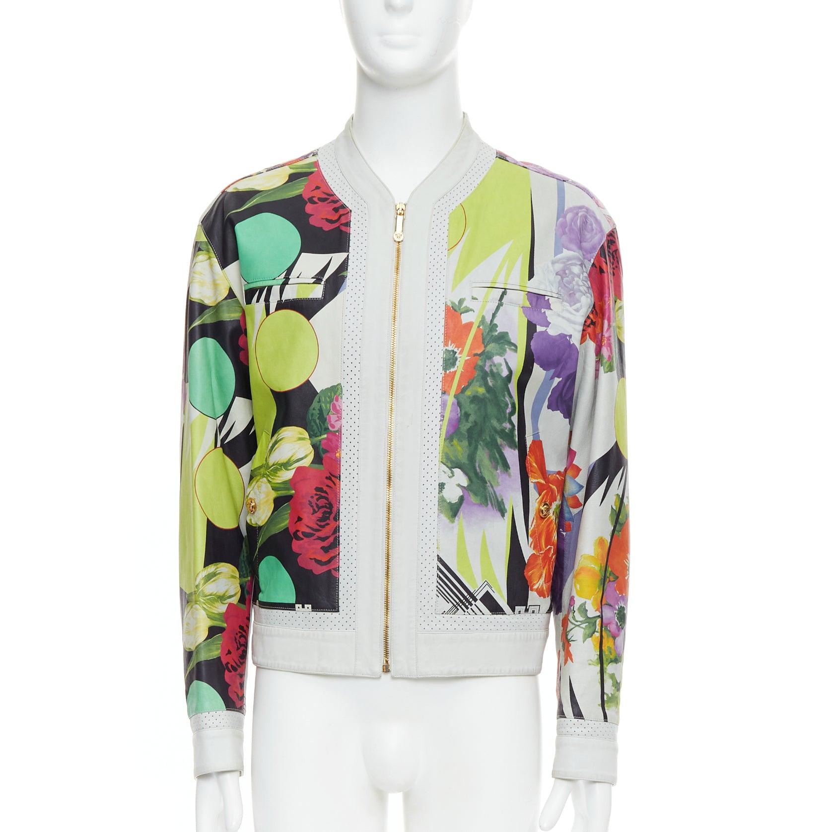 Gray VERSACE 2013 Runway white leather geometric tropical print bomber IT50 L For Sale