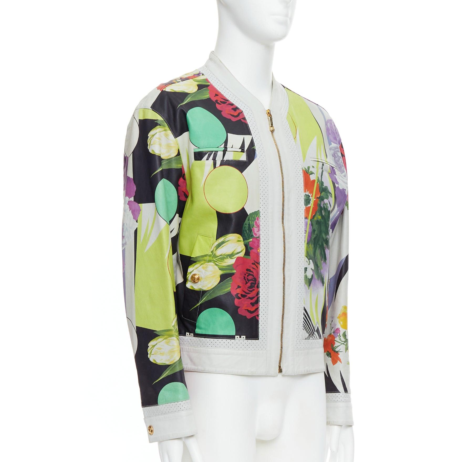 VERSACE 2013 Runway white leather geometric tropical print bomber IT50 L In Good Condition For Sale In Hong Kong, NT