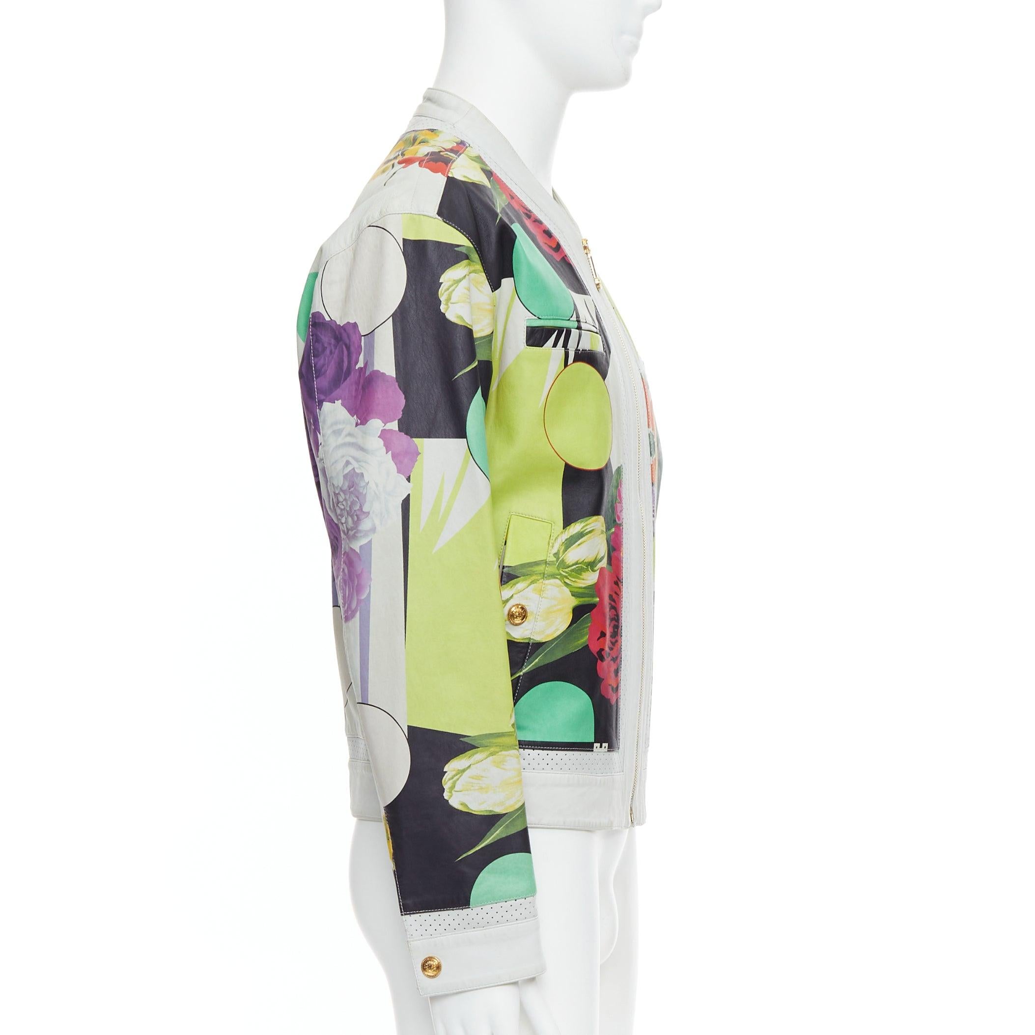 Men's VERSACE 2013 Runway white leather geometric tropical print bomber IT50 L For Sale