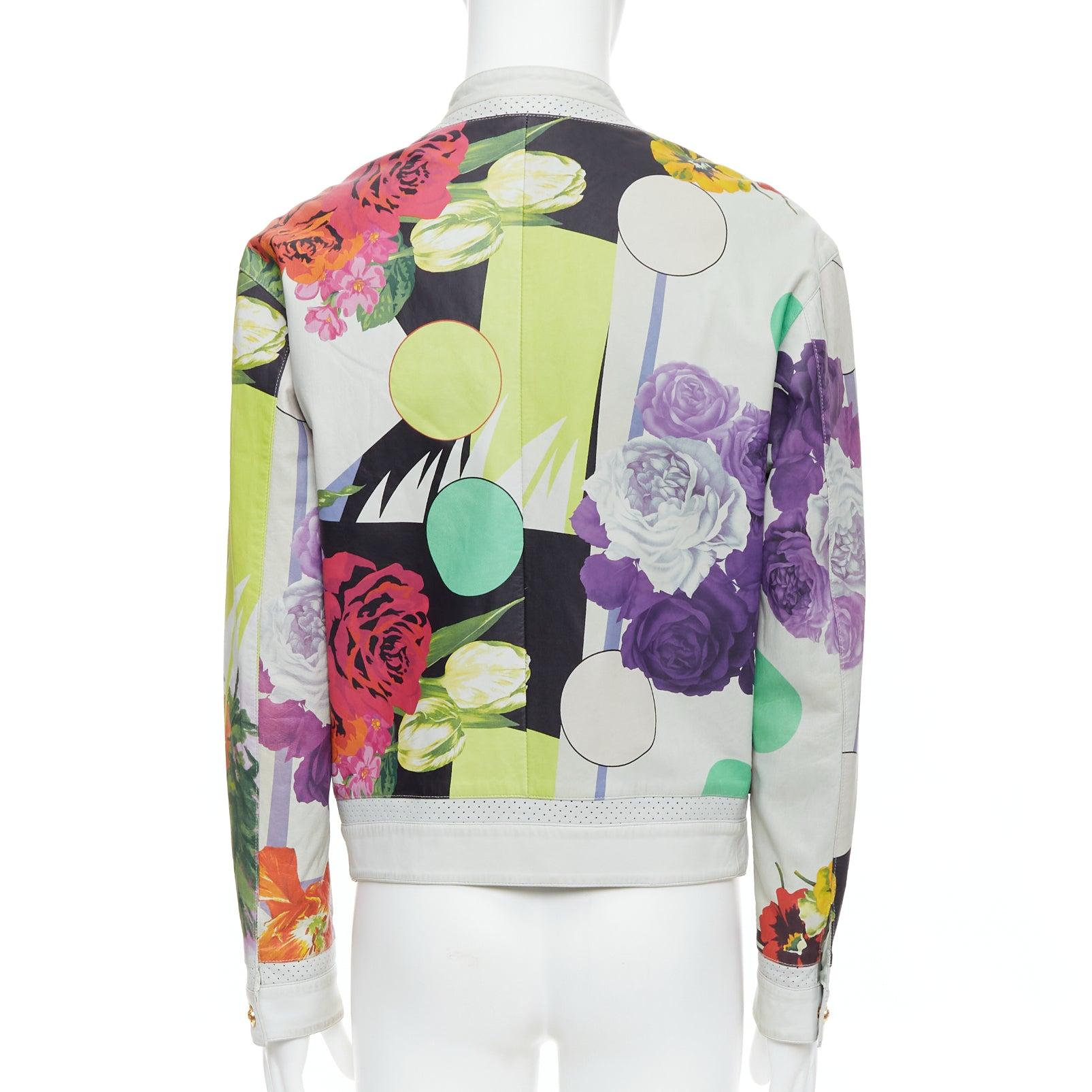 VERSACE 2013 Runway white leather geometric tropical print bomber IT50 L For Sale 1
