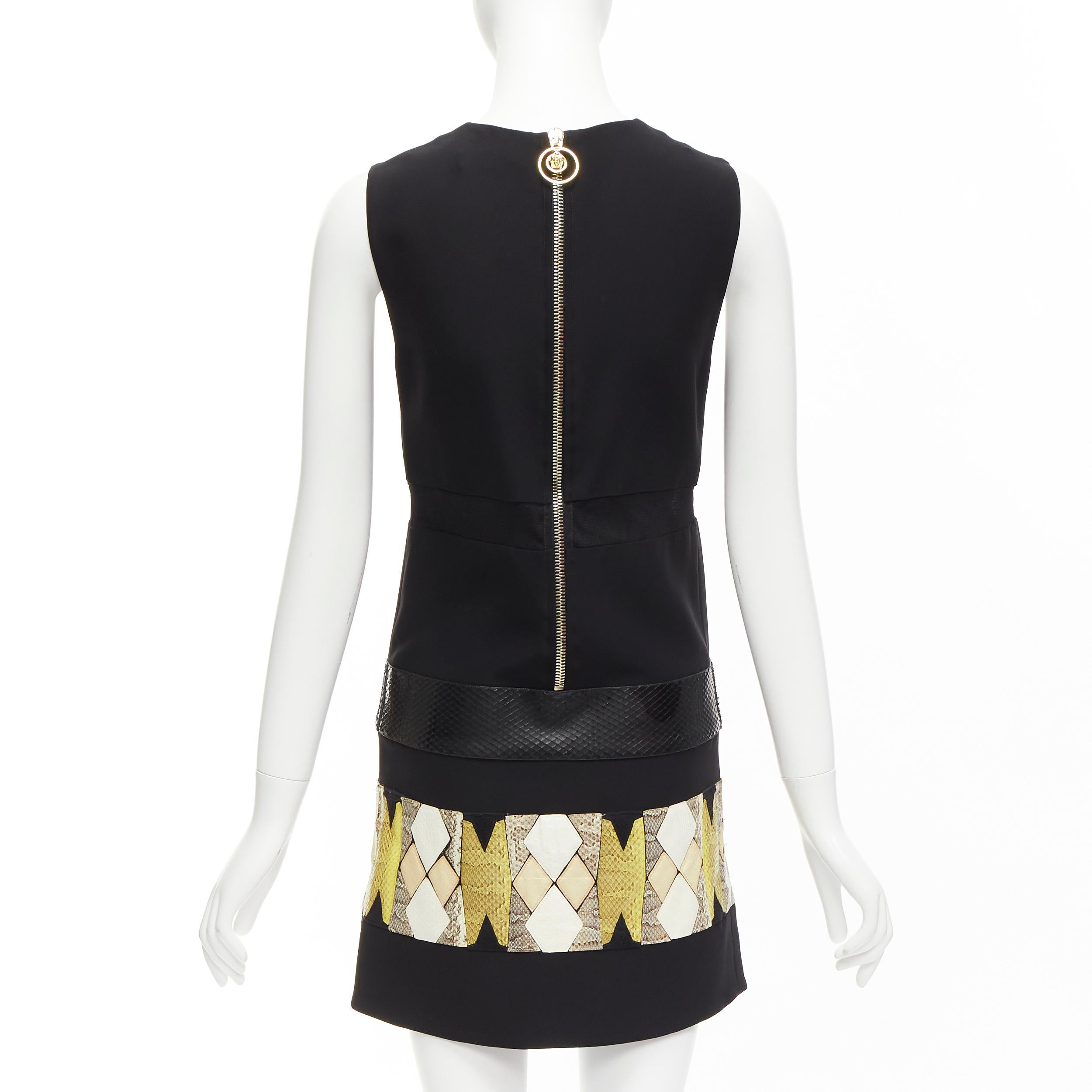 VERSACE 2014 black scaled leather patchwork sheer panel mod mini shift dress For Sale 1