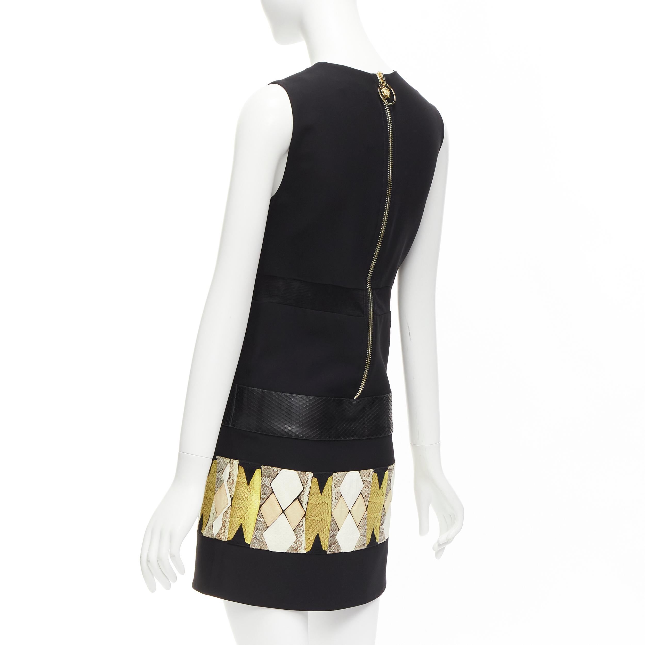 VERSACE 2014 black scaled leather patchwork sheer panel mod mini shift dress For Sale 2