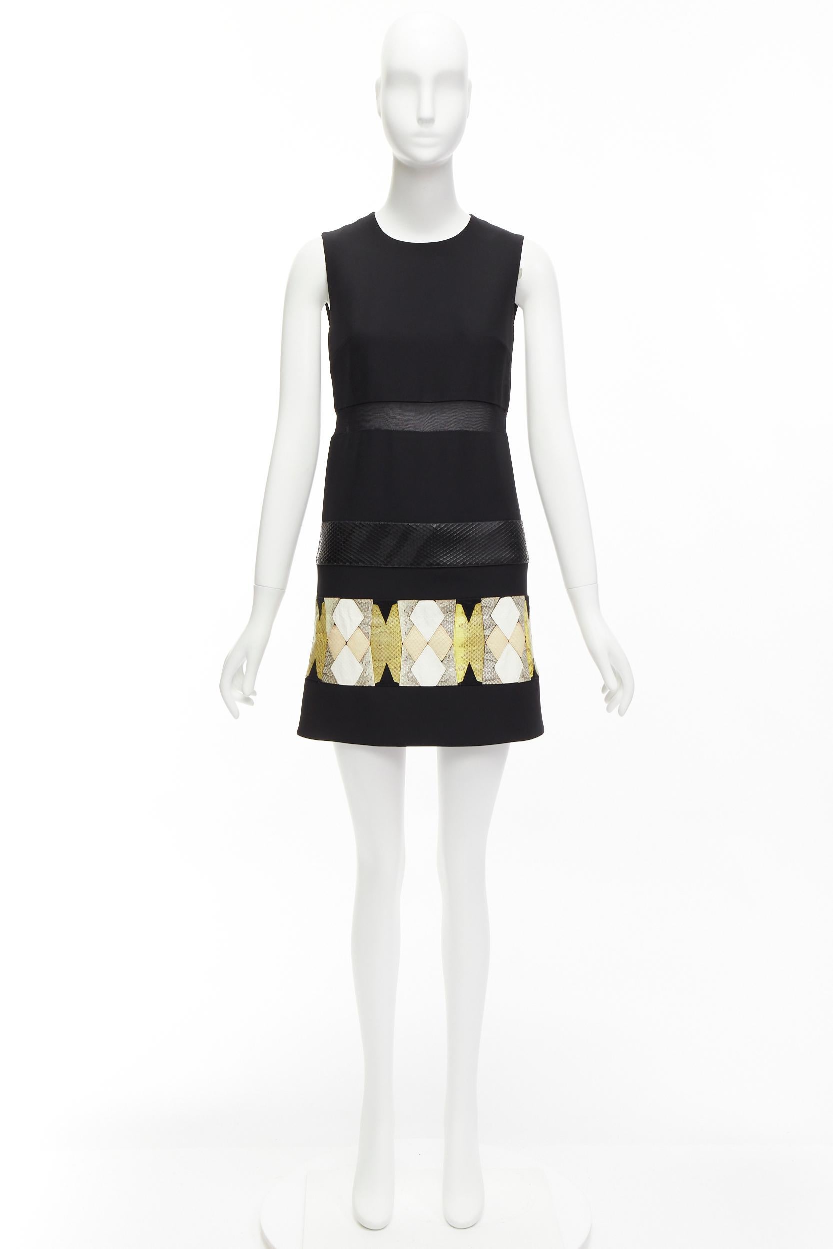 VERSACE 2014 black scaled leather patchwork sheer panel mod mini shift dress For Sale 5
