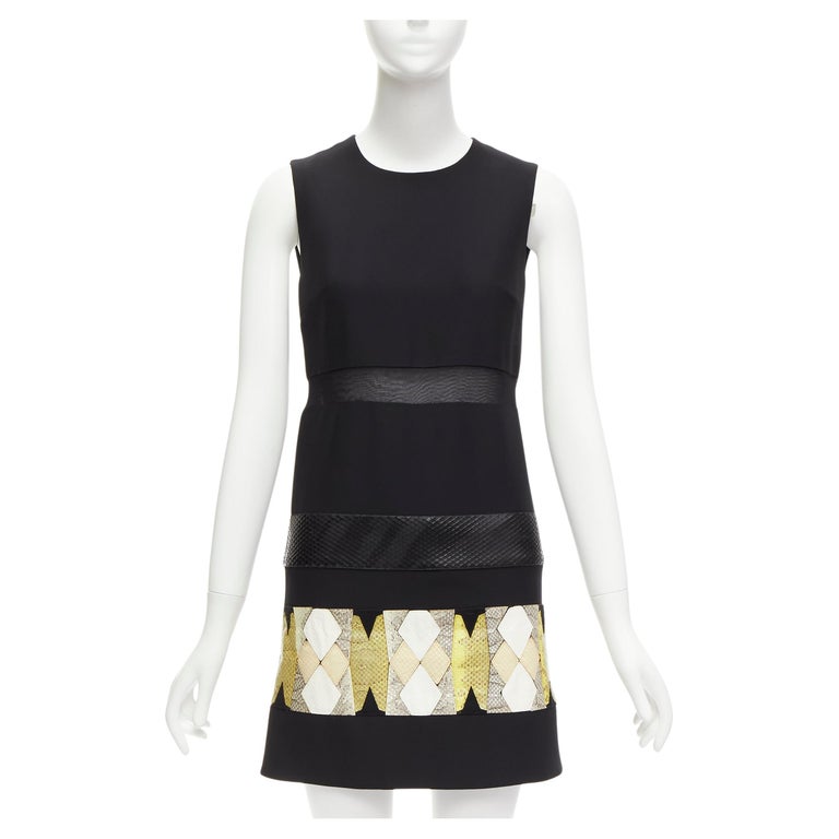 VERSACE 2014 black scaled leather patchwork sheer panel mod mini shift dress  For Sale at 1stDibs