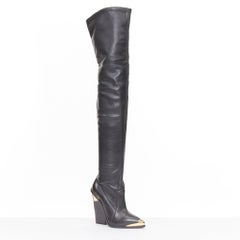 VERSACE 2014 Runway gold metal cap toe black leather thigh high boots EU37 US7