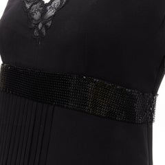 VERSACE 2015 black silk lace V-neck chainmail trim pleated mini dress IT40 S