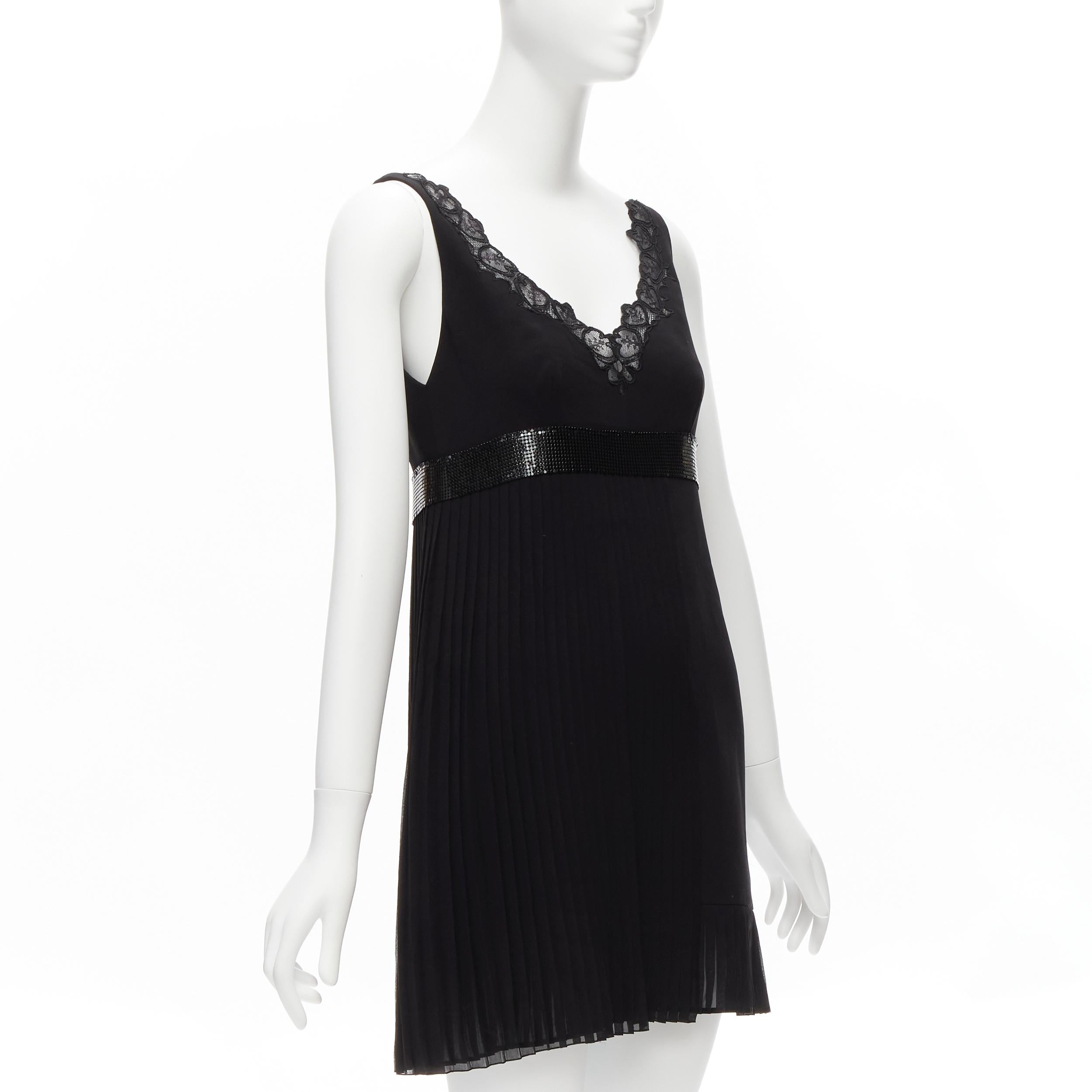Black VERSACE 2015 black silk lace V-neck chainmail trim pleated mini dress IT40 S For Sale