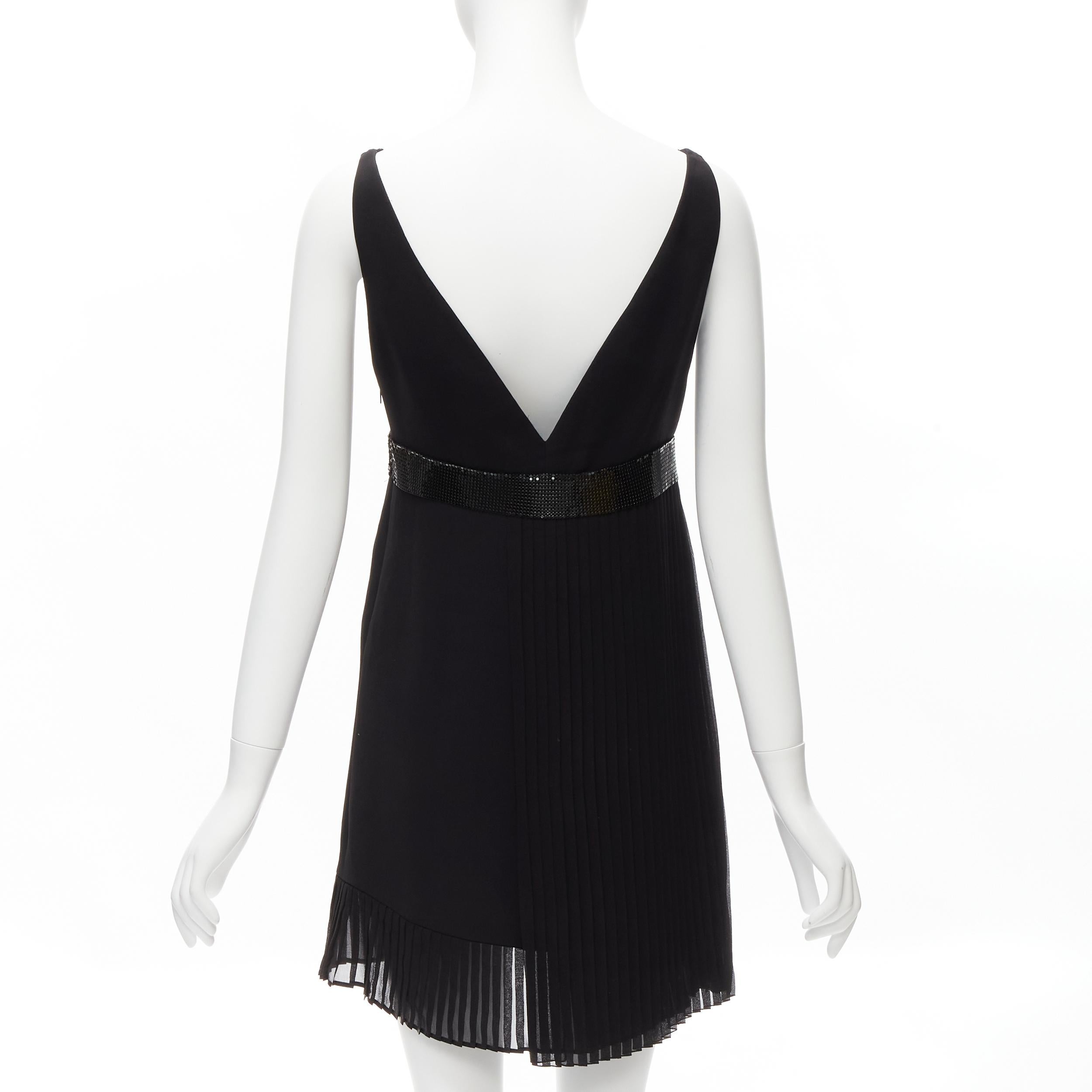 Women's VERSACE 2015 black silk lace V-neck chainmail trim pleated mini dress IT40 S For Sale