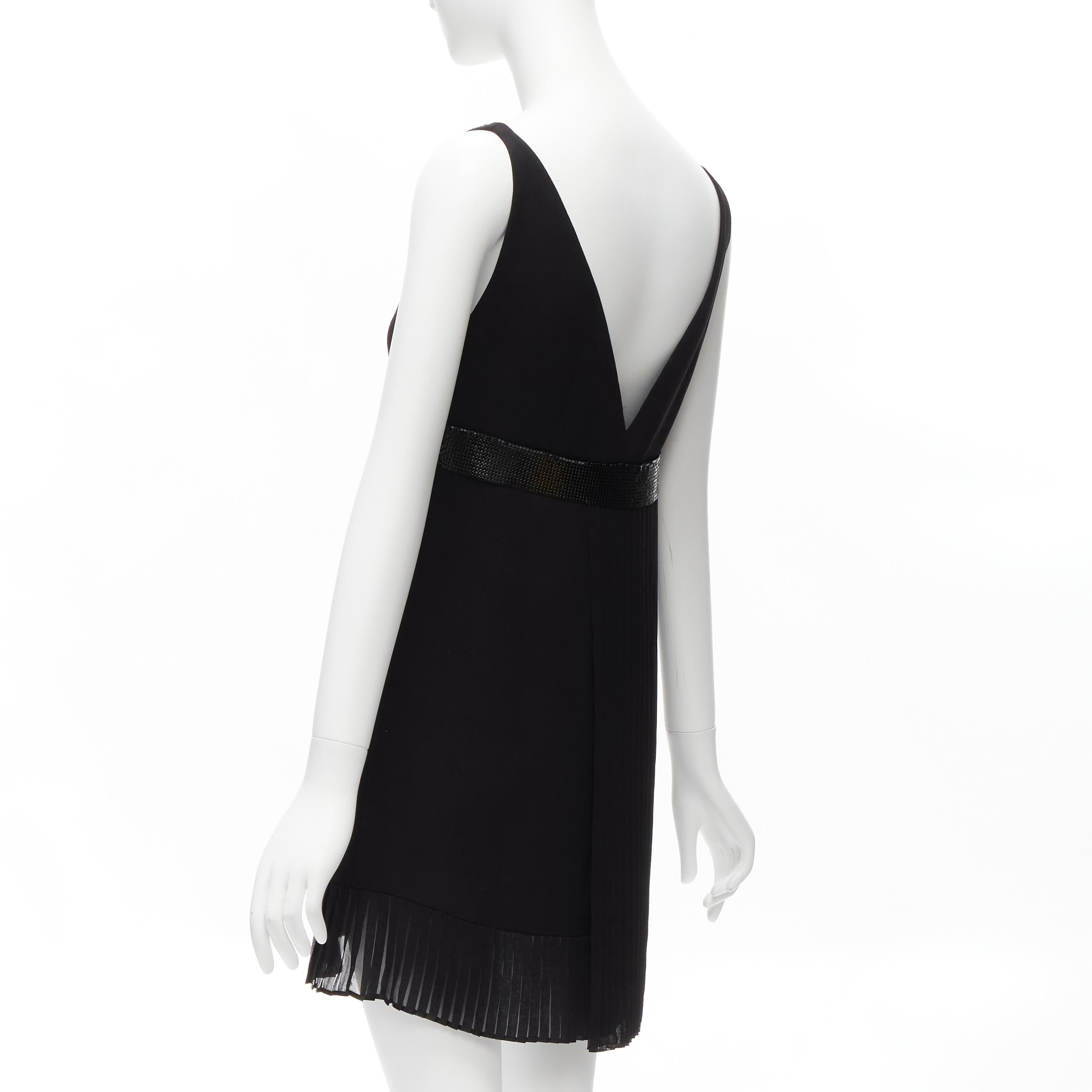 VERSACE 2015 black silk lace V-neck chainmail trim pleated mini dress IT40 S For Sale 1