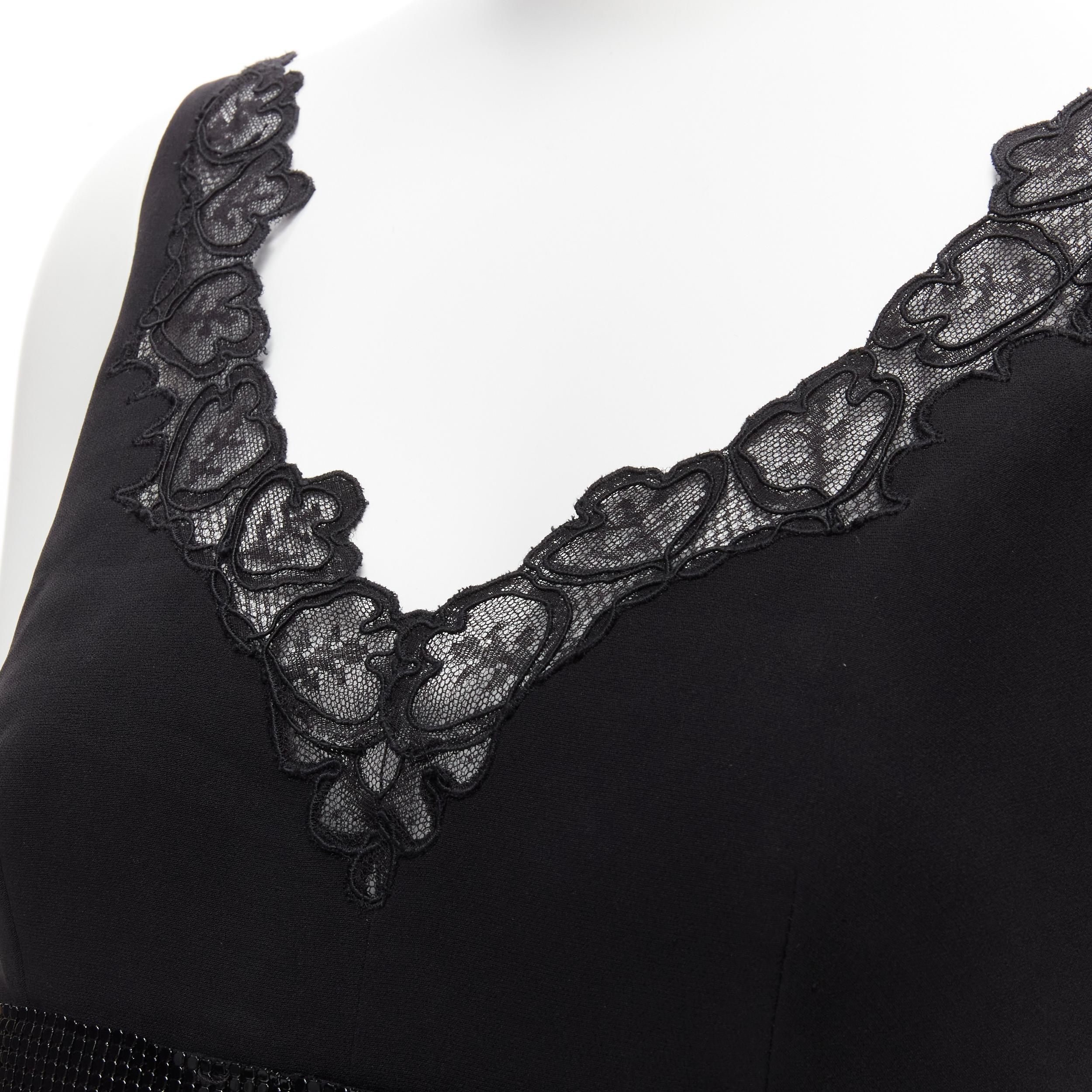VERSACE 2015 black silk lace V-neck chainmail trim pleated mini dress IT40 S For Sale 2