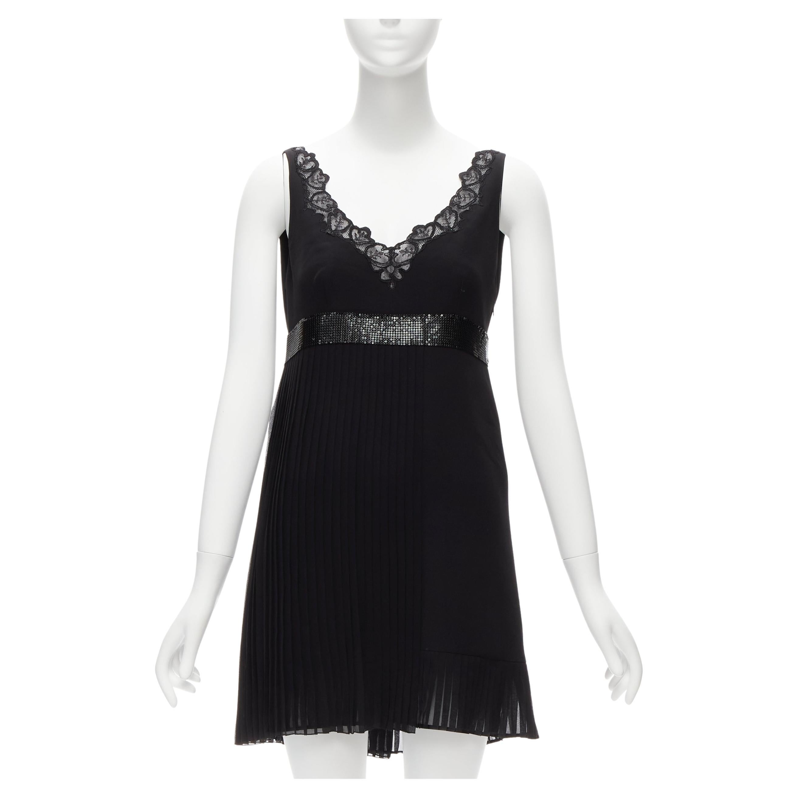 VERSACE 2015 black silk lace V-neck chainmail trim pleated mini dress IT40 S For Sale