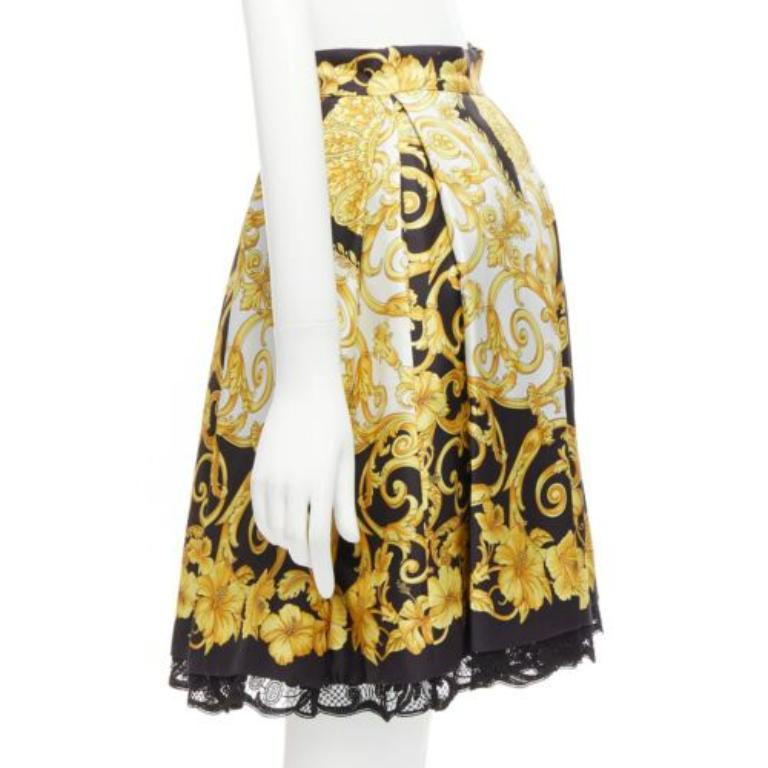 VERSACE 2018 100% silk Barocco Hibiscus print lace trimmed flared skirt IT36 XS In Excellent Condition For Sale In Hong Kong, NT
