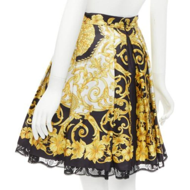 VERSACE 2018 100% silk Barocco Hibiscus print lace trimmed flared skirt IT36 XS For Sale 1