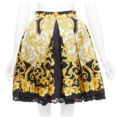 VERSACE 2018 100% silk Barocco Hibiscus print lace trimmed flared skirt IT36 XS