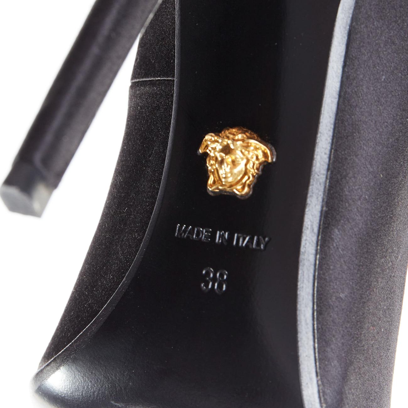 VERSACE 2018 black satin byzantine cross encrusted heels EU38 For Sale 6