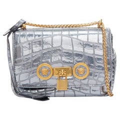 VERSACE 2018 Icon Medusa padlock metallic silver scaled leather crossbody bag