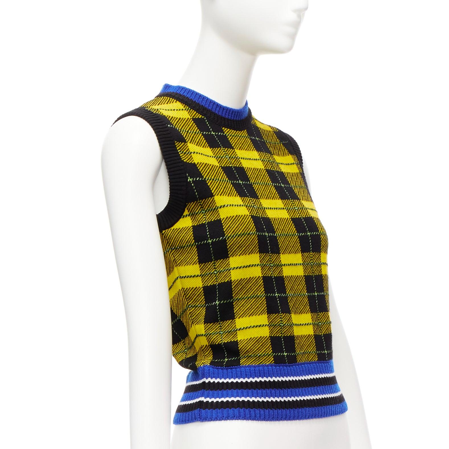 VERSACE 2018 punk tartan blue web trim wool blend sweater vest IT38 XS In Excellent Condition For Sale In Hong Kong, NT