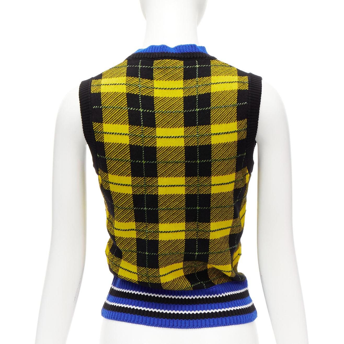 VERSACE 2018 punk tartan blue web trim wool blend sweater vest IT38 XS For Sale 1