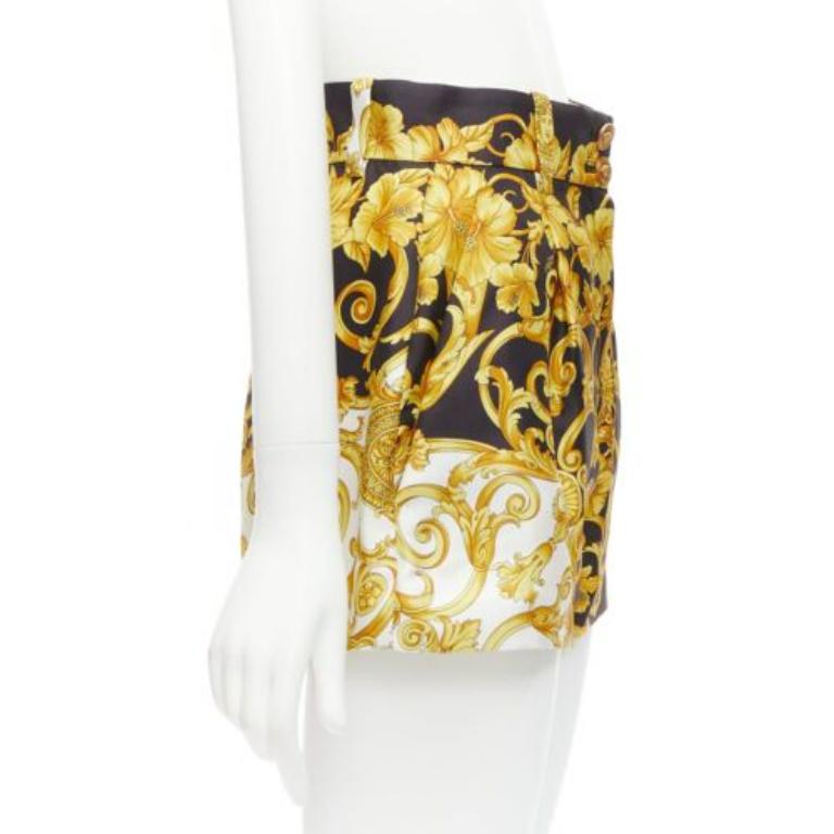 Brown VERSACE 2018 Tribute 100% silk Barocco Hibiscus print high waist shorts IT38 XS For Sale
