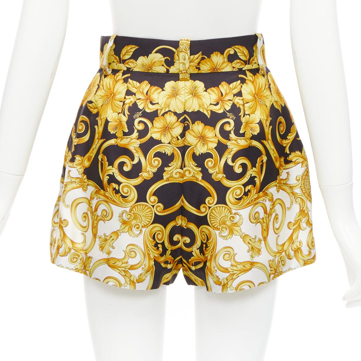 Women's VERSACE 2018 Tribute 100% silk Barocco Hibiscus print high waist shorts IT38 XS For Sale