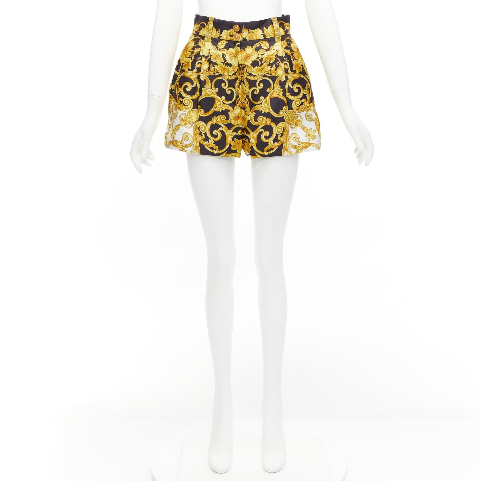 VERSACE 2018 Tribute 100% silk Barocco Hibiscus print high waist shorts IT38 XS For Sale 5