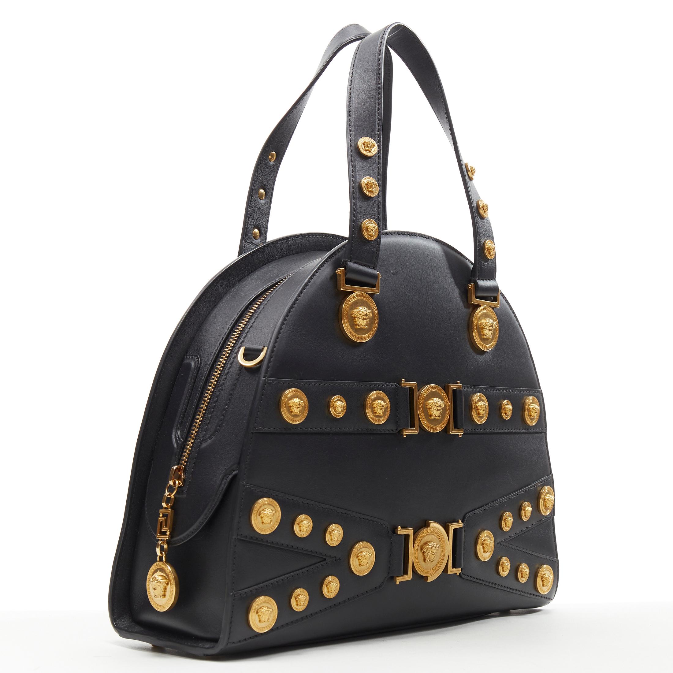 Black VERSACE 2018 Tribute 1992 gold Medusa stud bondage bowling shoulder bag For Sale