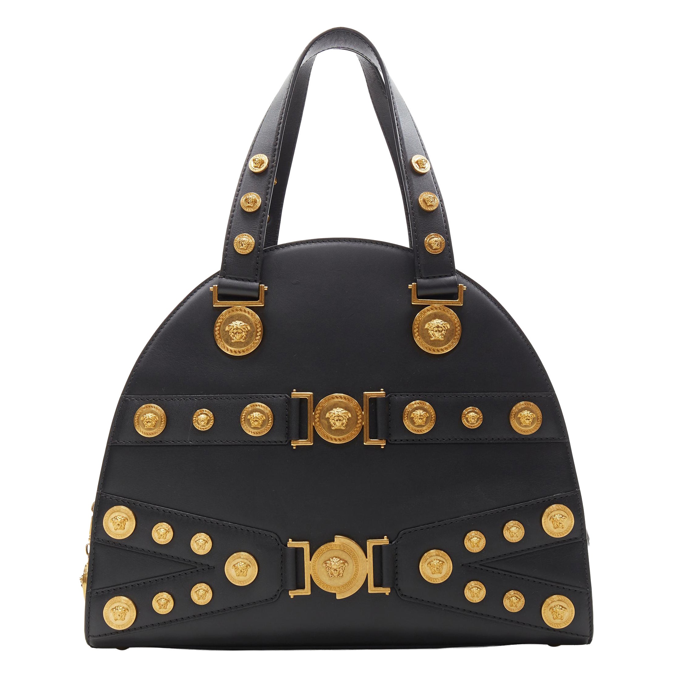 VERSACE 2018 Tribute 1992 gold Medusa stud bondage bowling shoulder bag