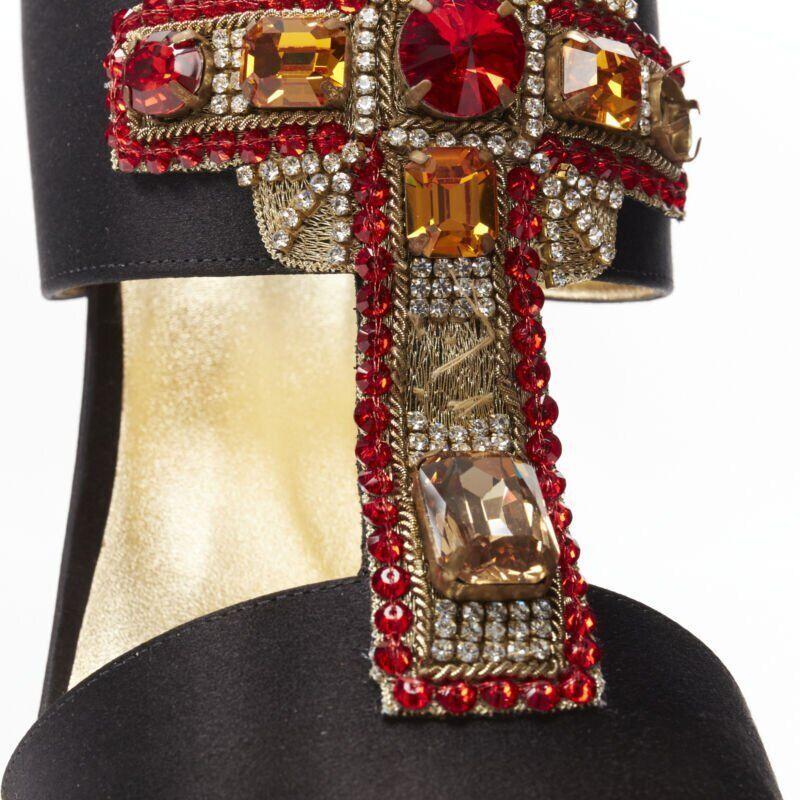 VERSACE 2018 Tribute Byzantine Cross Jewel crystal black satin sandals EU38 For Sale 5