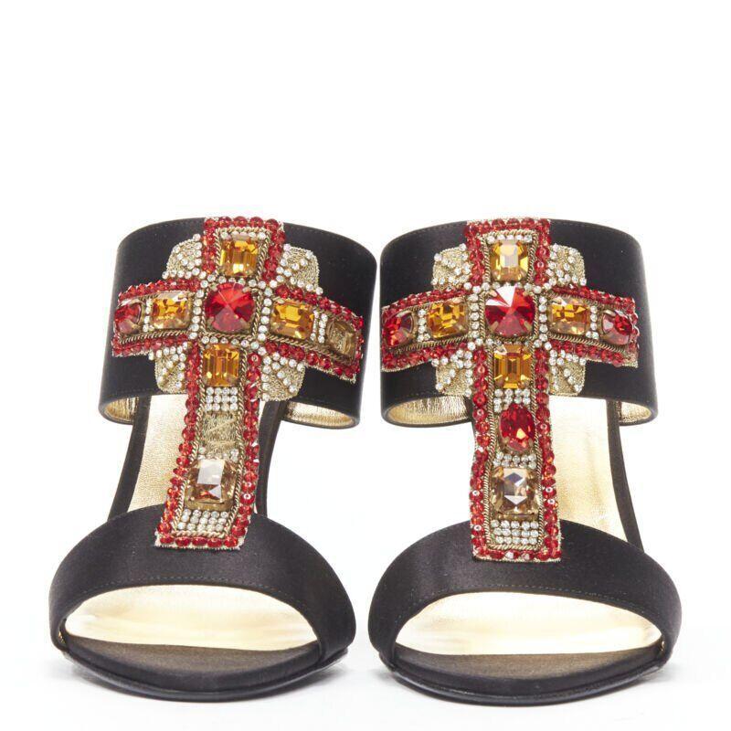 Black VERSACE 2018 Tribute Byzantine Cross Jewel crystal black satin sandals EU38 For Sale