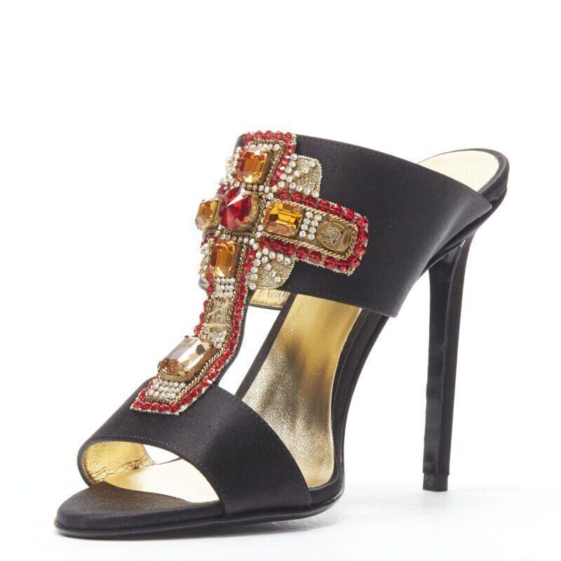 VERSACE 2018 Tribute Byzantine Cross Jewel crystal black satin sandals EU38 In Good Condition For Sale In Hong Kong, NT