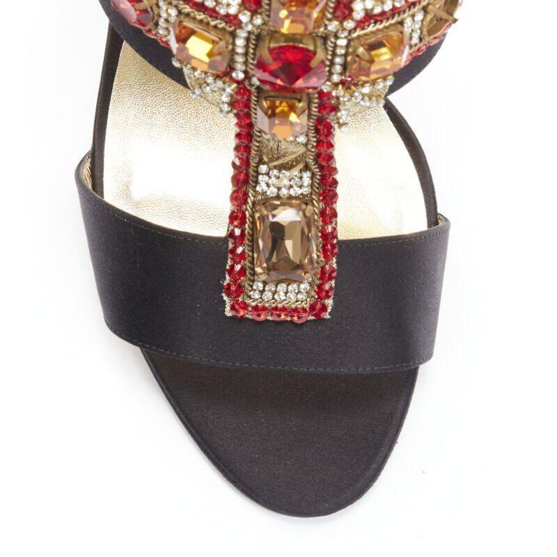 VERSACE 2018 Tribute Byzantine Cross Jewel crystal black satin sandals EU38 For Sale 3