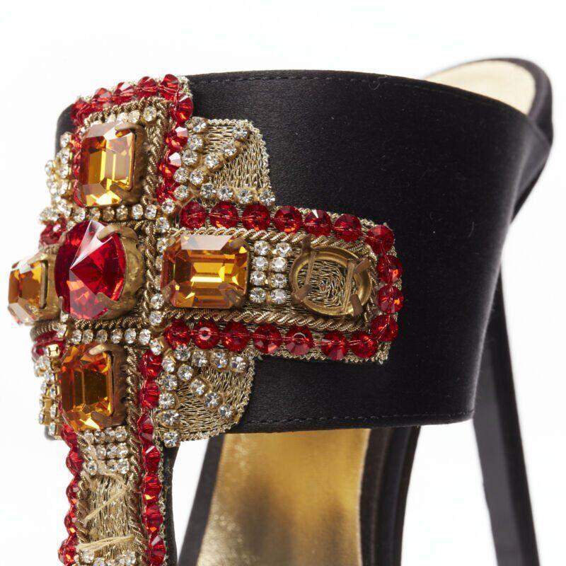VERSACE 2018 Tribute Byzantine Cross Jewel crystal black satin sandals EU38 For Sale 4