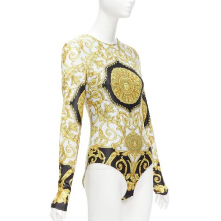 Gold VERSACE 2018 Tribute gold Medusa Barocco long sleeve bodysuit top IT38 XS For Sale