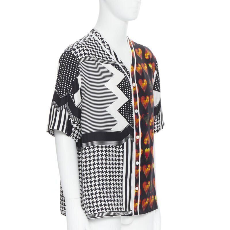 Black VERSACE 2019 100% silk Double Love Heart geometric baseball shirt EU39 M For Sale