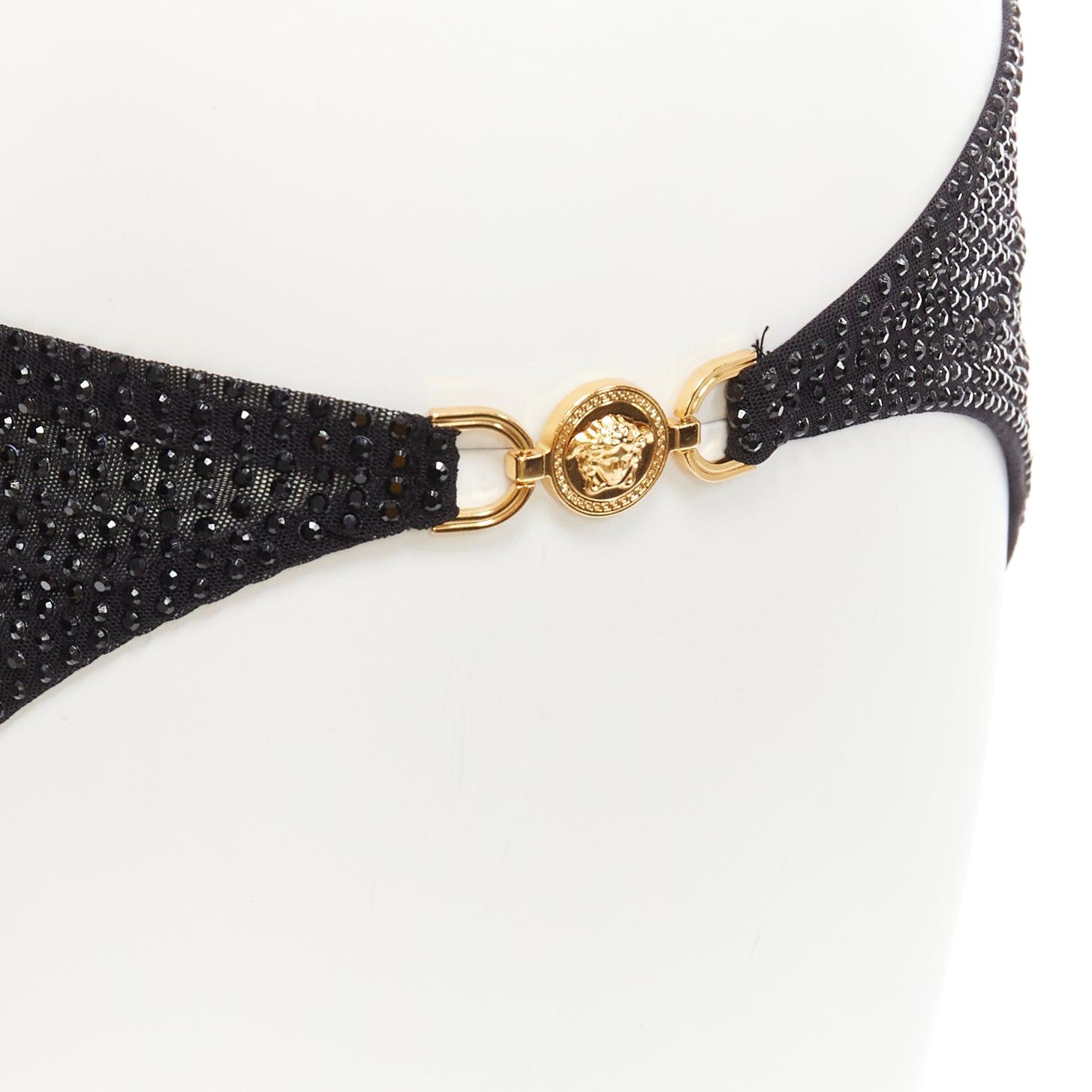 Gray VERSACE 2019 black crystal embellished gold Medusa sheer bikini bottom Sz.1 S For Sale